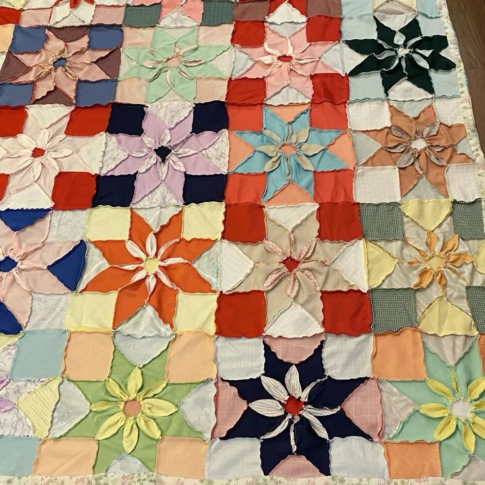 Vtg 70s Polyester Quilt Topper 87x87 - Hand Stitched Star Flower Dahlia Retro